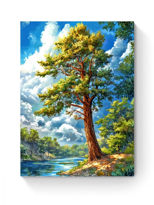 Алмазная мозаика на подрамнике «Сосна у реки» 50x40 см, 50 цветов