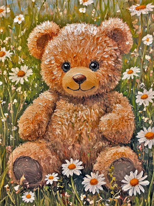 Алмазная мозаика без подрамника «Мишка и ромашки» 130x100 см