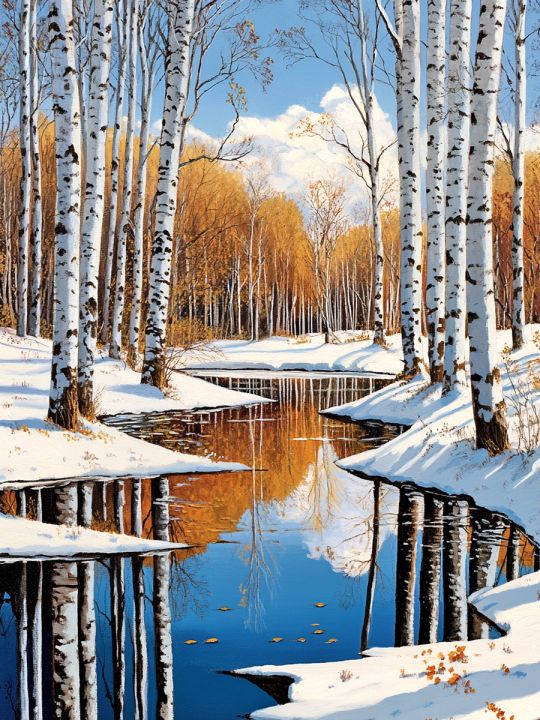 Алмазная мозаика без подрамника «Березы у реки» 130x100 см