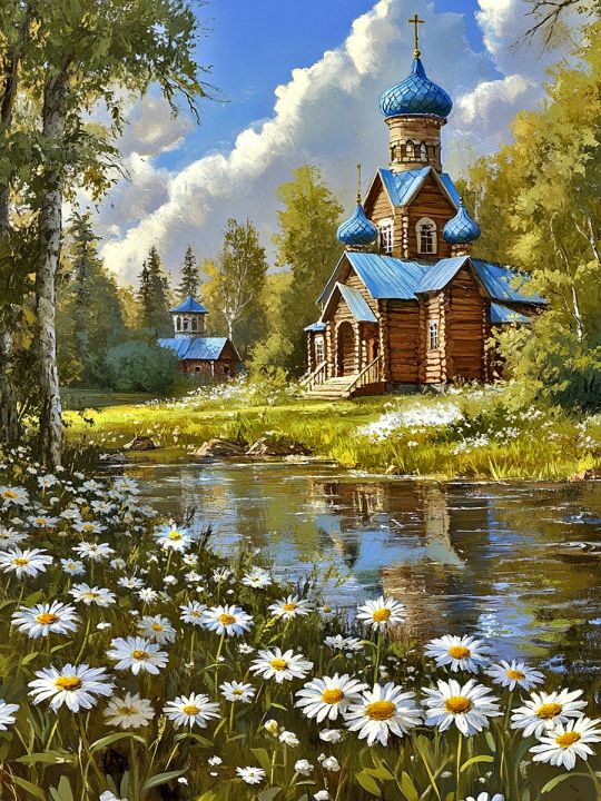 Алмазная мозаика без подрамника «Церковь в лесу» 50x40 см, 50 цветов