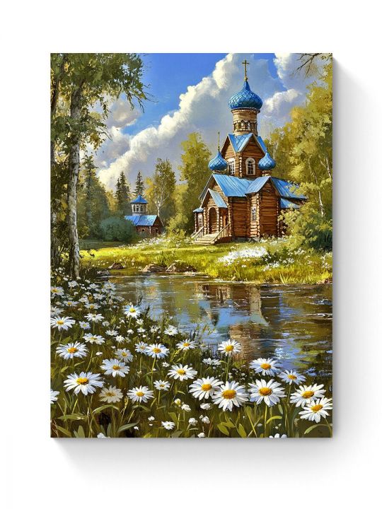 Алмазная мозаика на подрамнике «Церковь в лесу» 70x50 см, 50 цветов