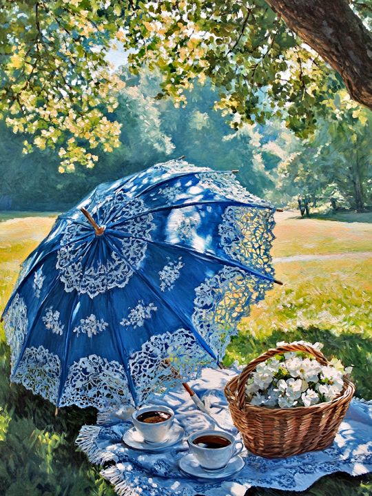 Алмазная мозаика без подрамника «Чаепитие в саду» 50x40 см