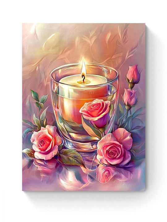 Алмазная мозаика на подрамнике «Свеча и розы» 50x40 см