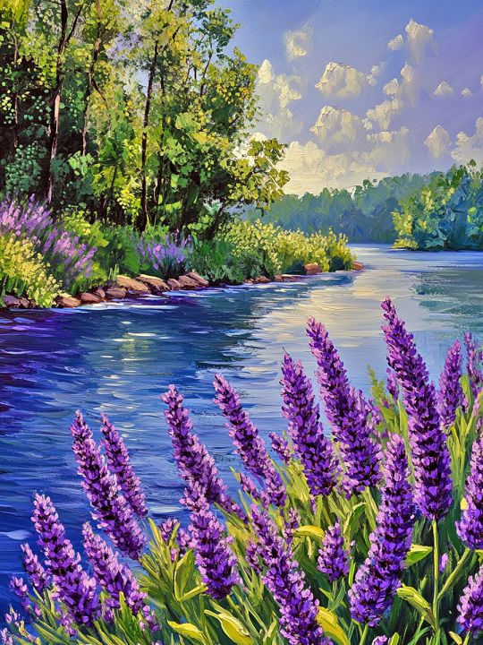 Алмазная мозаика без подрамника «Шалфей у реки» 130x100 см