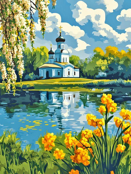Алмазная мозаика без подрамника «Церковь у озера» 50x40 см