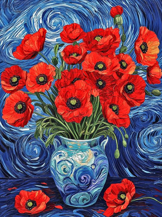Алмазная мозаика без подрамника «Букет маков» 50x40 см
