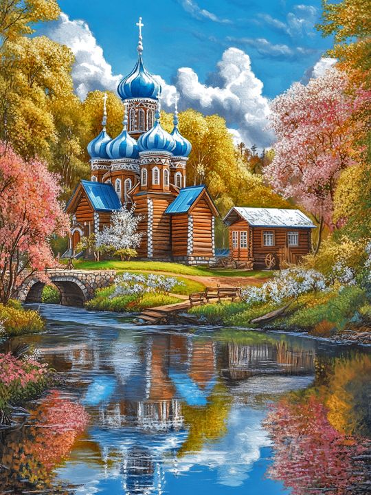 Алмазная мозаика без подрамника «Церковь у реки» 130x100 см