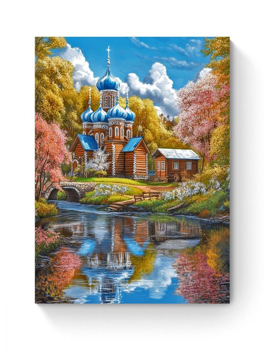 Алмазная мозаика на подрамнике «Церковь у реки» 50x40 см