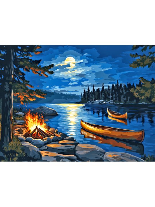 Алмазная мозаика без подрамника «Костер у реки» 70x50 см