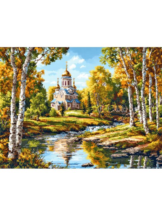 Алмазная мозаика без подрамника «Храм у реки» 25x20 см