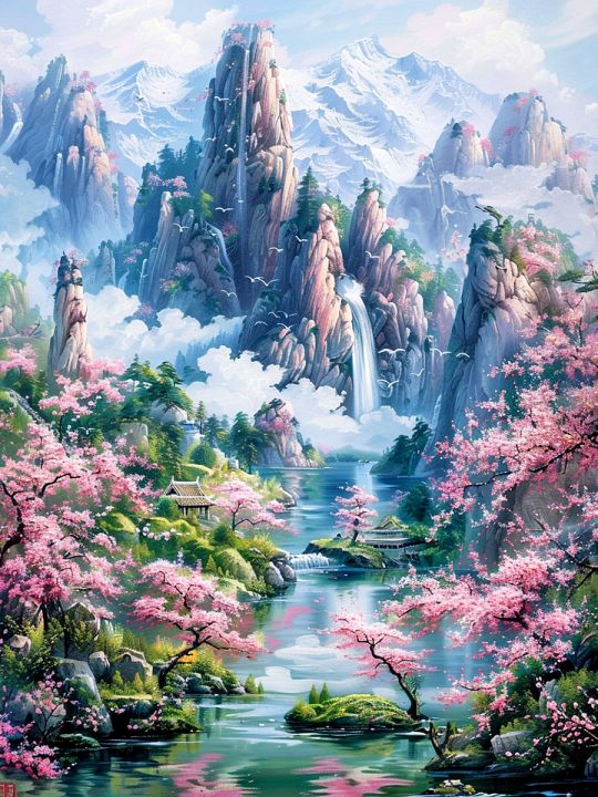 Алмазная мозаика без подрамника «Сакура в горах» 40x30 см