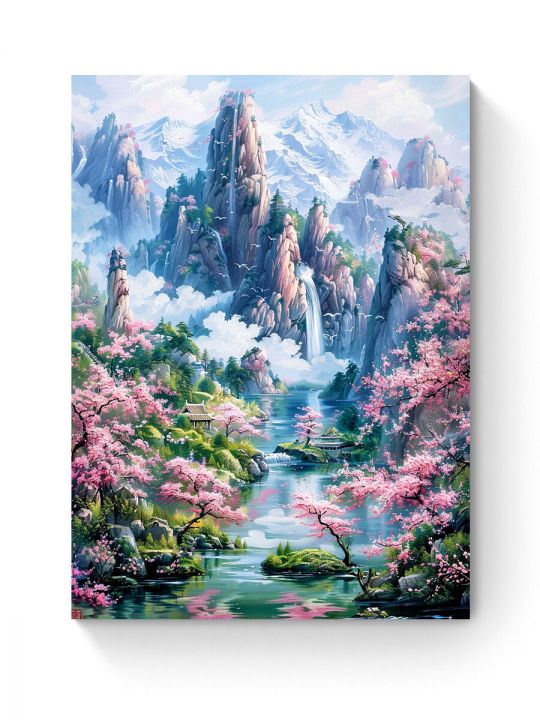 Алмазная мозаика на подрамнике «Сакура в горах» 50x40 см, 50 цветов