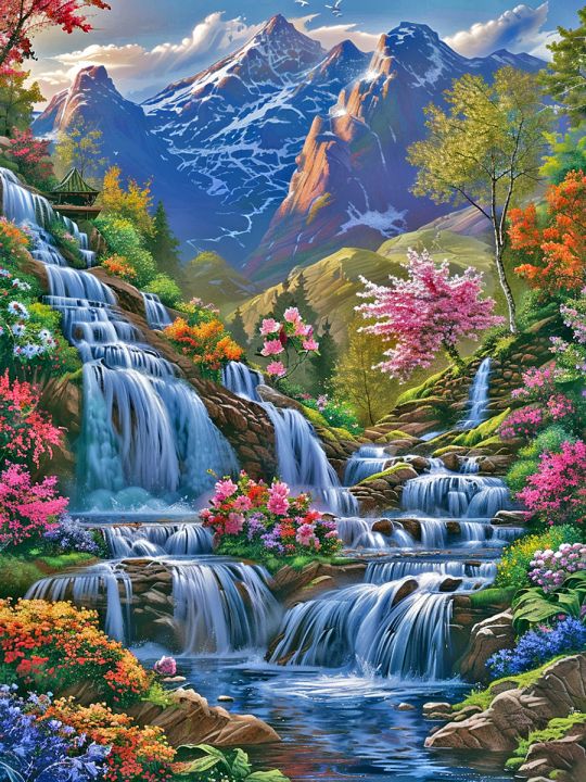 Алмазная мозаика без подрамника «Горный ручей» 50x40 см