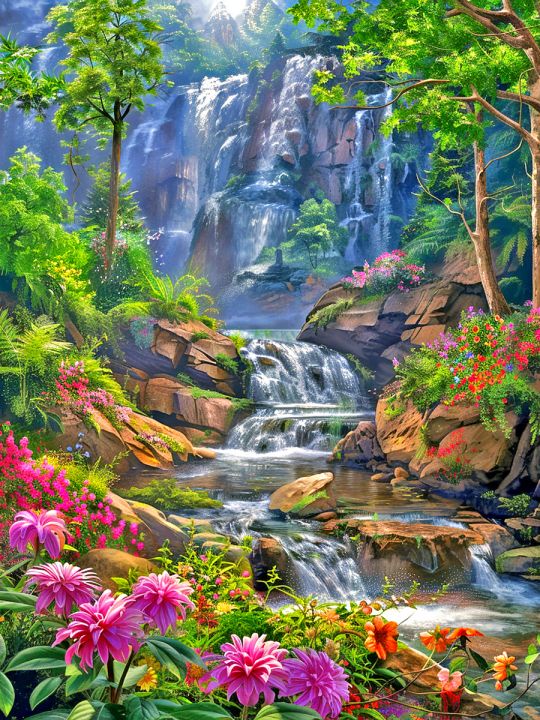 Алмазная мозаика без подрамника «Водопад и цветы» 50x40 см