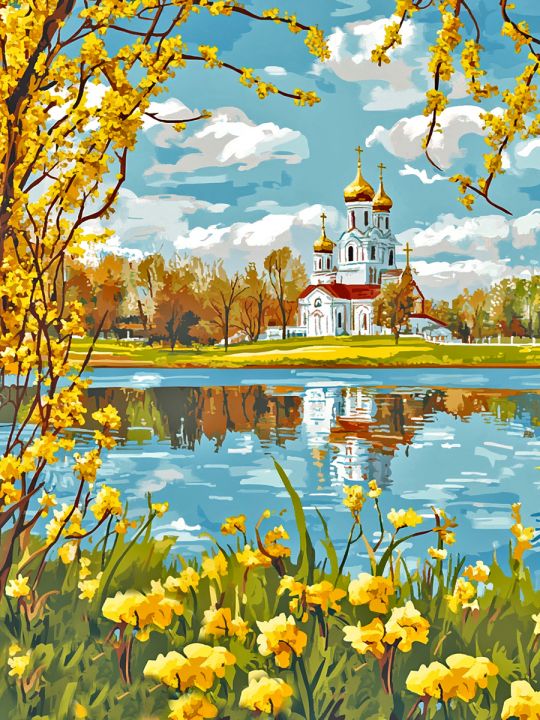 Алмазная мозаика без подрамника «Церковь у озера» 130x100 см
