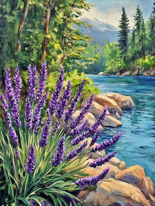 Алмазная мозаика без подрамника «Цветы у реки» 50x40 см
