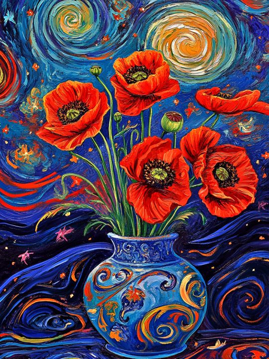 Алмазная мозаика без подрамника «Маки в вазе» 50x40 см