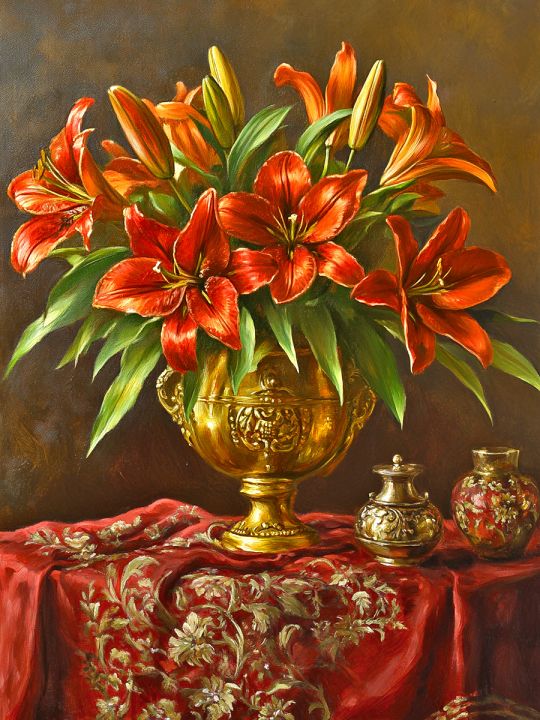 Алмазная мозаика без подрамника «Красные лилии» 50x40 см