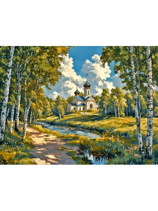Алмазная мозаика без подрамника «Церковь в роще» 50x40 см