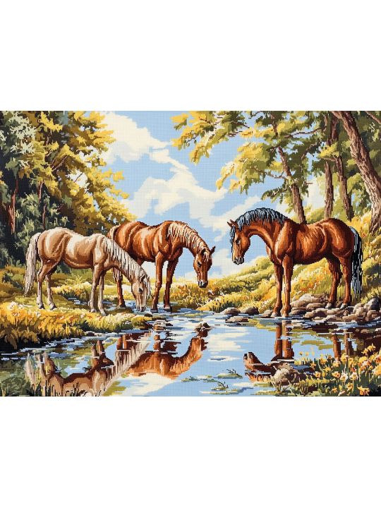 Алмазная мозаика без подрамника «Лошади у воды» 130x100 см