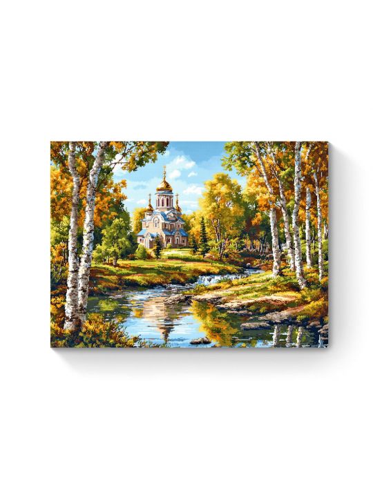 Алмазная мозаика на подрамнике «Храм у реки» 50x40 см
