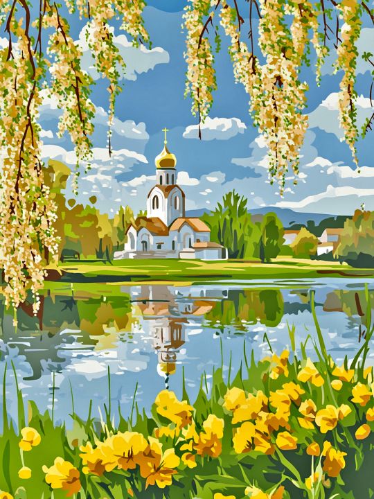 Алмазная мозаика без подрамника «Церковь у реки» 130x100 см