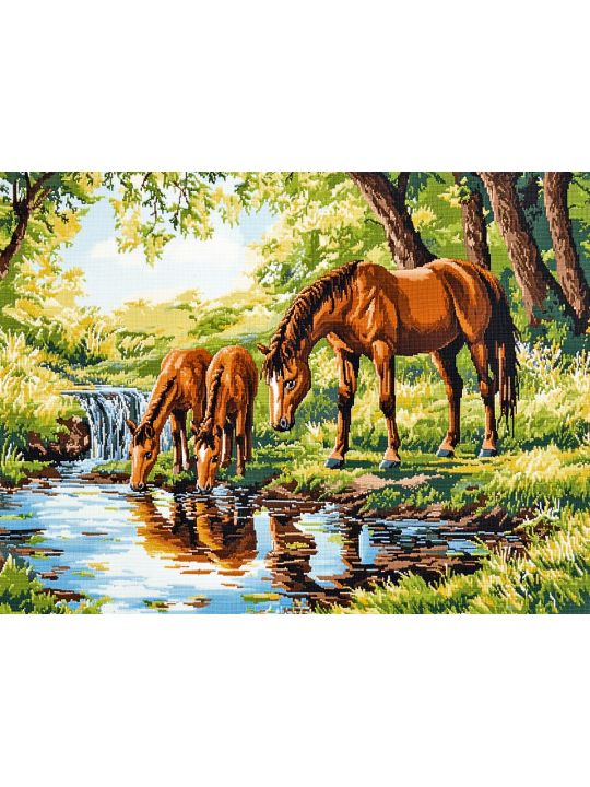 Алмазная мозаика без подрамника «Лошади у воды» 130x100 см