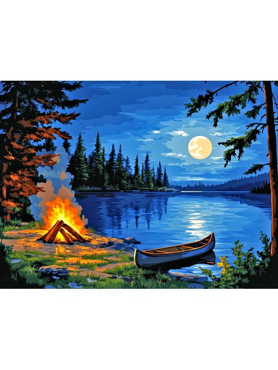 Алмазная мозаика без подрамника «Костер у озера» 130x100 см