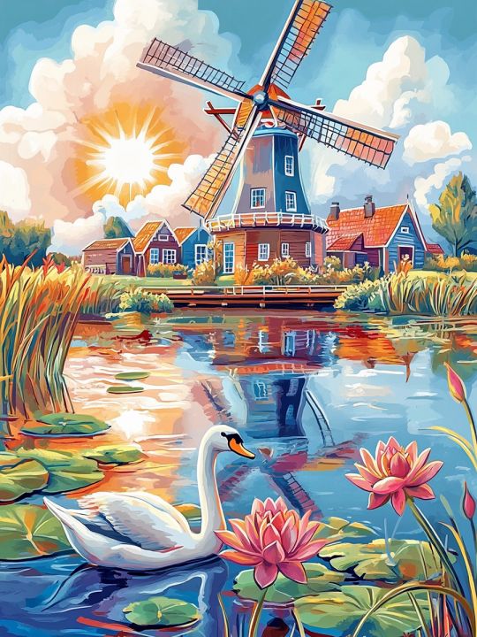 Алмазная мозаика без подрамника «Мельница у воды» 50x40 см