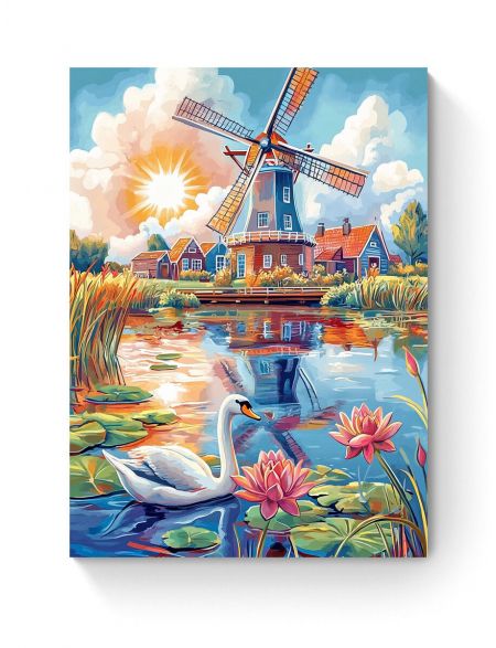 Алмазная мозаика на подрамнике «Мельница у воды» 40x30 см