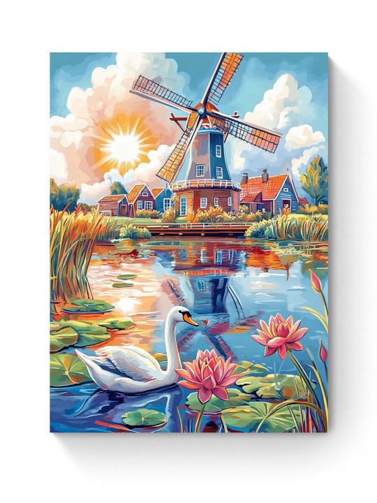 Алмазная мозаика на подрамнике «Мельница у воды» 40x30 см