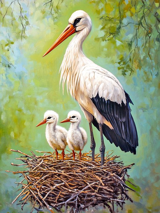 Алмазная мозаика без подрамника «Аисты в гнезде» 50x40 см, 50 цветов