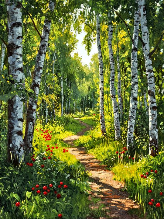 Алмазная мозаика без подрамника «Березовая роща» 80x60 см