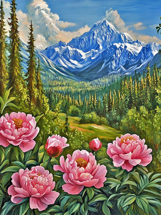Алмазная мозаика без подрамника «Долина пионов» 130x100 см