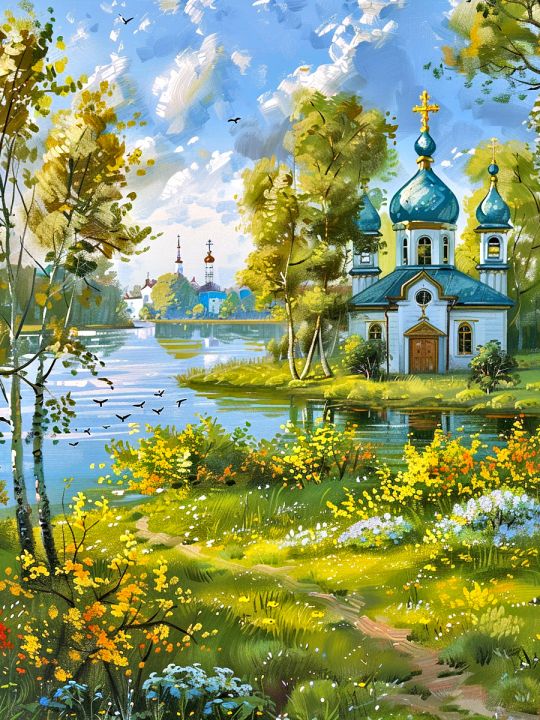 Алмазная мозаика без подрамника «Церковь у реки» 130x100 см