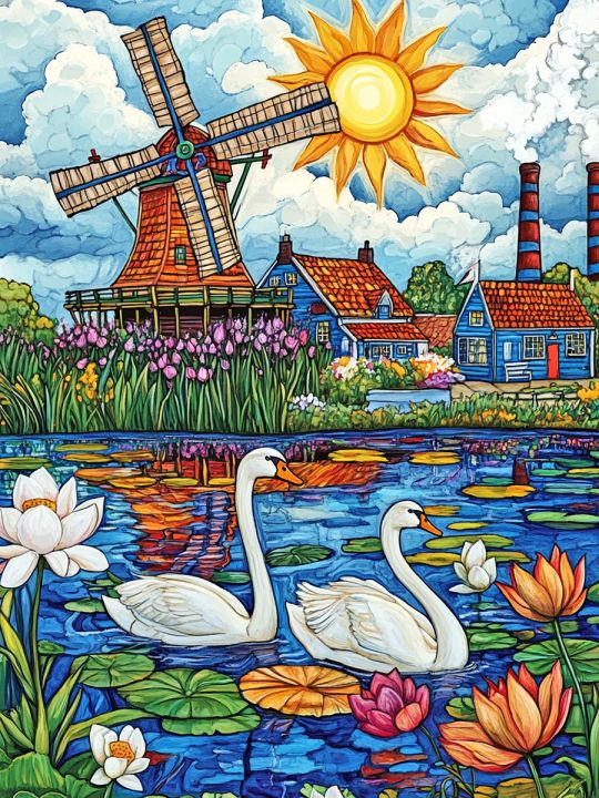 Алмазная мозаика без подрамника «Мельница у реки» 40x30 см