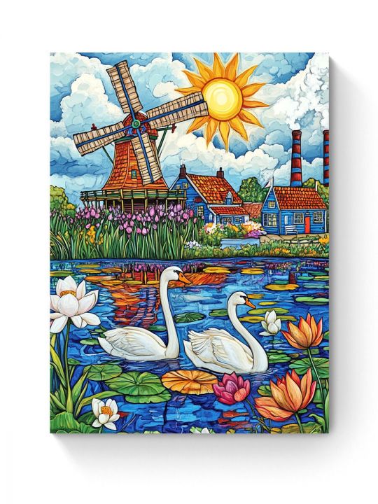 Алмазная мозаика на подрамнике «Мельница у реки» 40x30 см