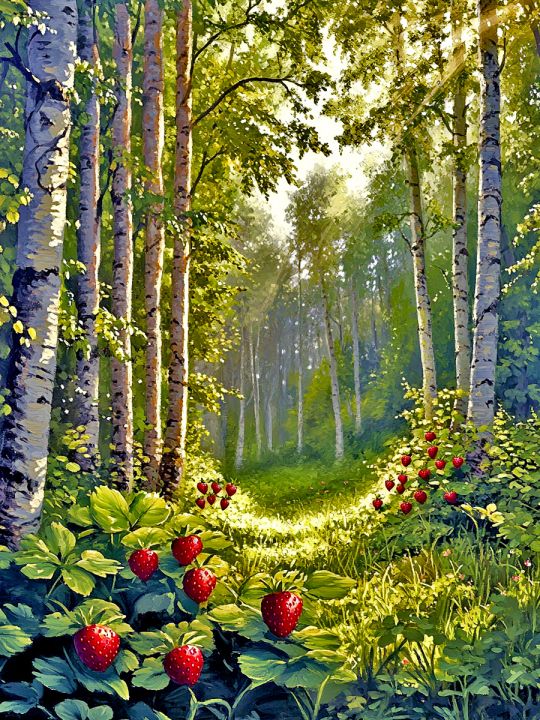 Алмазная мозаика без подрамника «Берёзовая роща» 40x30 см