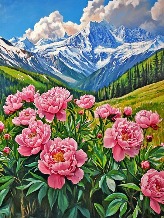 Алмазная мозаика без подрамника «Пионы в горах» 90x70 см