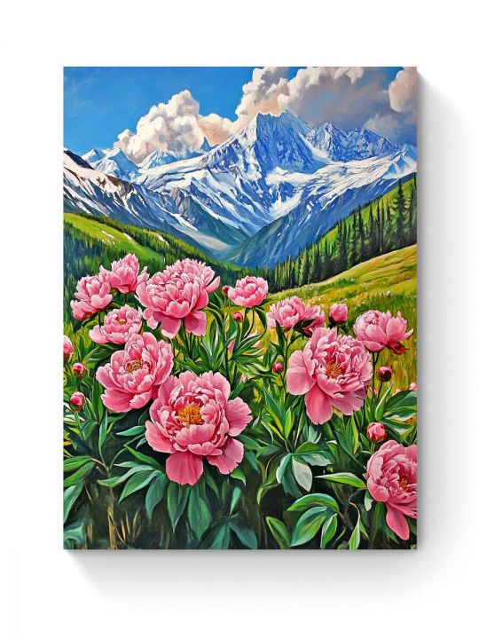 Алмазная мозаика на подрамнике «Пионы в горах» 60x45 см
