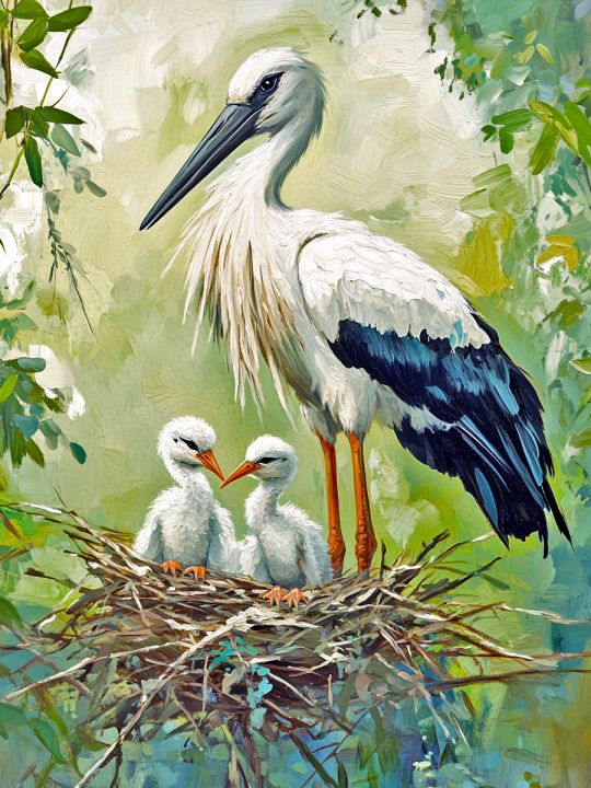 Алмазная мозаика без подрамника «Аисты в гнезде» 130x100 см