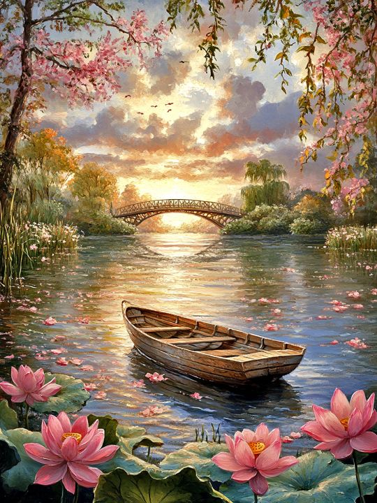 Алмазная мозаика без подрамника «Закат на реке» 50x40 см, 50 цветов