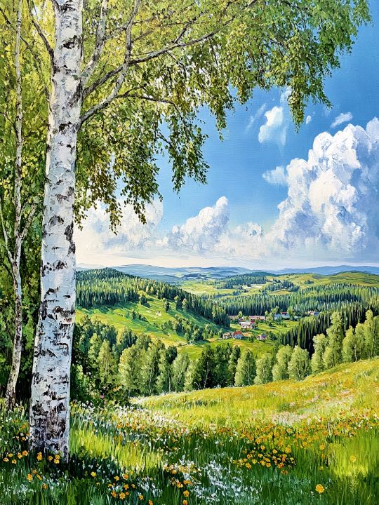Алмазная мозаика без подрамника «Береза на холме» 60x45 см