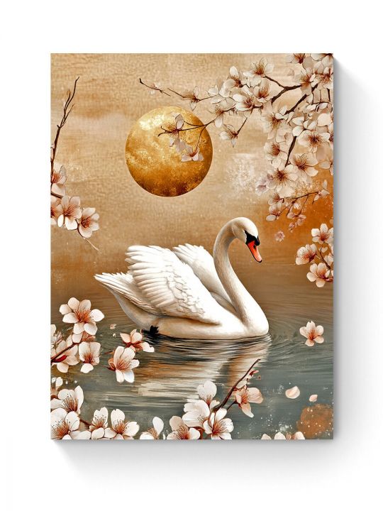 Алмазная мозаика на подрамнике «Лебедь и сакура» 35x25 см