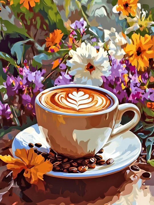 Алмазная мозаика без подрамника «Цветочный кофе» 50x40 см