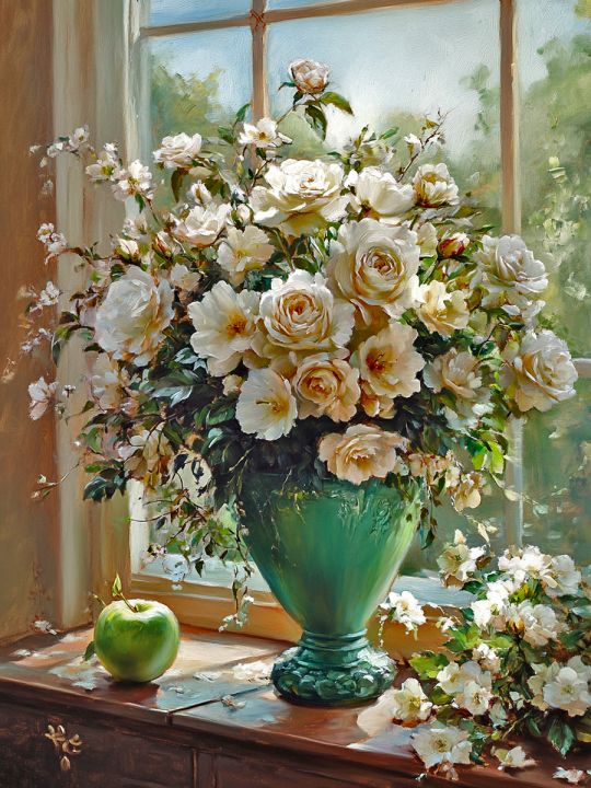 Алмазная мозаика без подрамника «Чайные розы» 50x40 см, 50 цветов