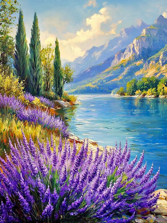 Алмазная мозаика без подрамника «Лаванда у реки» 40x30 см