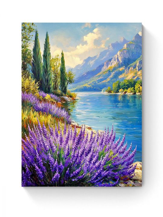 Алмазная мозаика на подрамнике «Лаванда у реки» 50x40 см