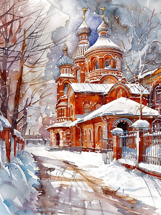 Алмазная мозаика без подрамника «Церковь зимой» 50x40 см