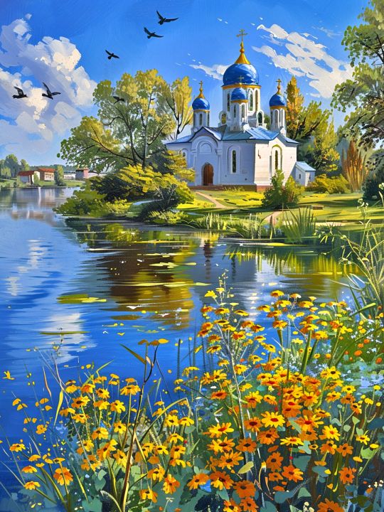 Алмазная мозаика без подрамника «Церковь у реки» 50x40 см, 50 цветов